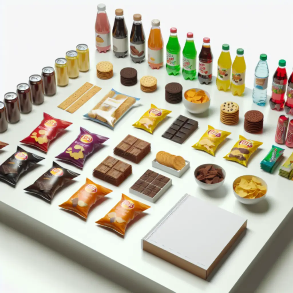 Assorted snacks and beverages including drinks and snack items