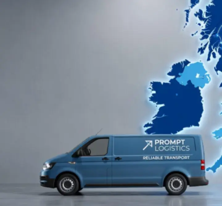 Delivery van positioned over a map of the United Kingdom
