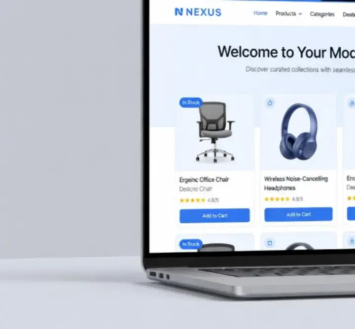 Modern e-commerce storefront interface showcasing product tiles and shopping cart