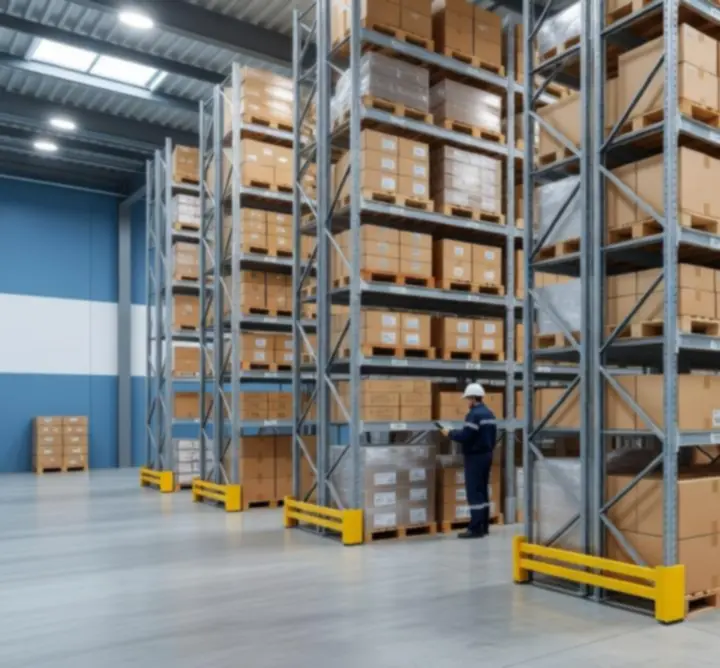 Modern distribution warehouse with organized product storage and logistics operations