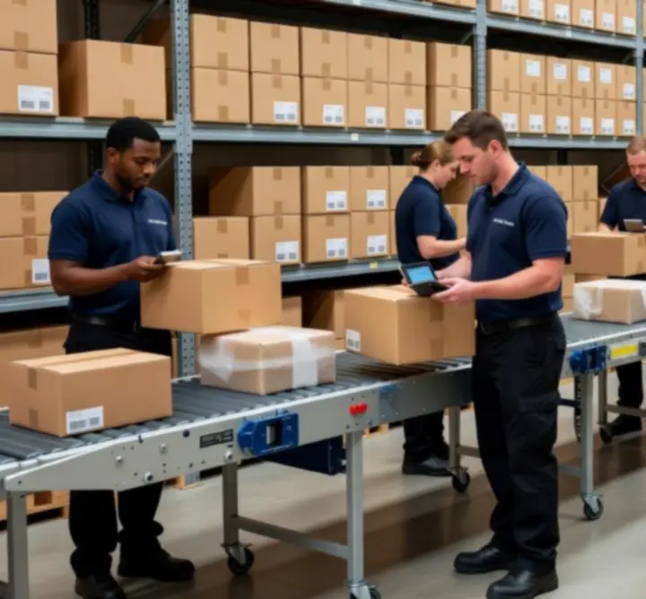 Distribution centre with parcels and delivery routing graphics