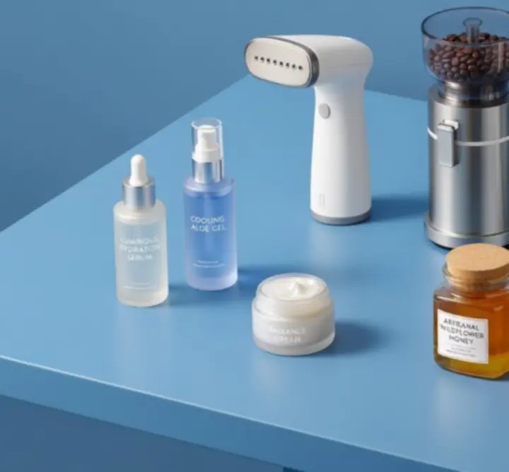 Flatlay of assorted product packaging arranged on a blue background
