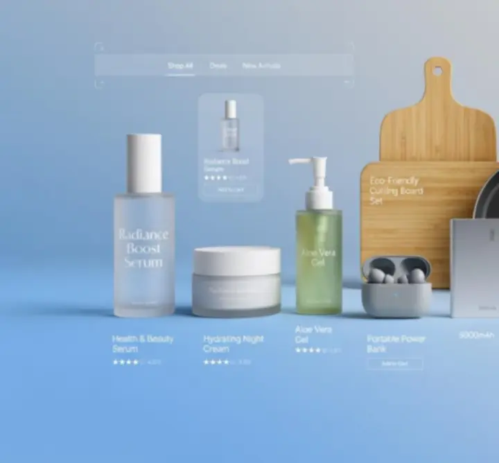 Modern consumer product packaging arranged on a clean blue background